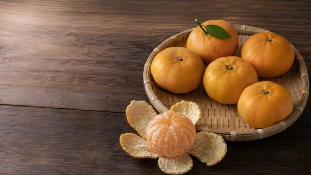 fresh japanese mandarins with peeled fruit on a bamboo tray with copy space