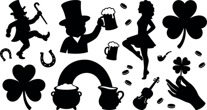 Irish themed silhouettes including a leprechaun clover and pot of gold on a white background