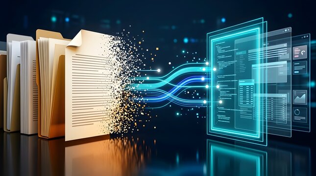 Physical document folders transforming into digital data stream representing cloud migration and paperless office