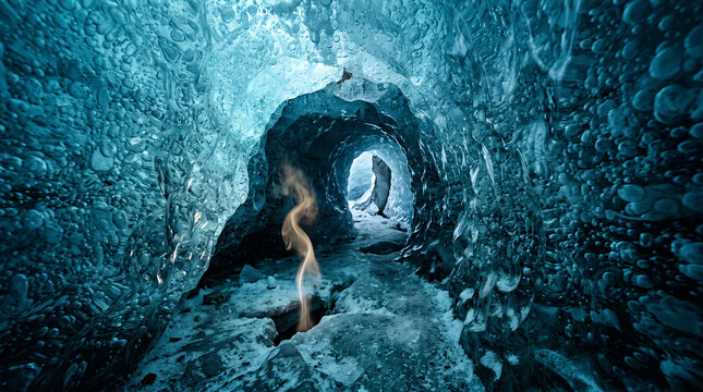 Mist rising inside a deep blue glacial ice cave with natural light tunnel entrance