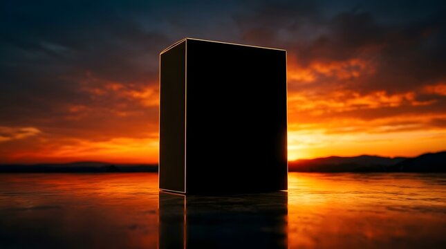 A mysterious black monolith standing in the middle of a calm lake during a vibrant orange sunset