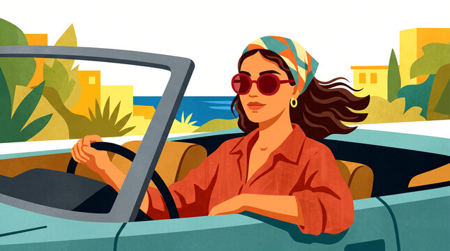 stylish woman driving a teal convertible along a scenic coastal road. Graphic poster style illustration