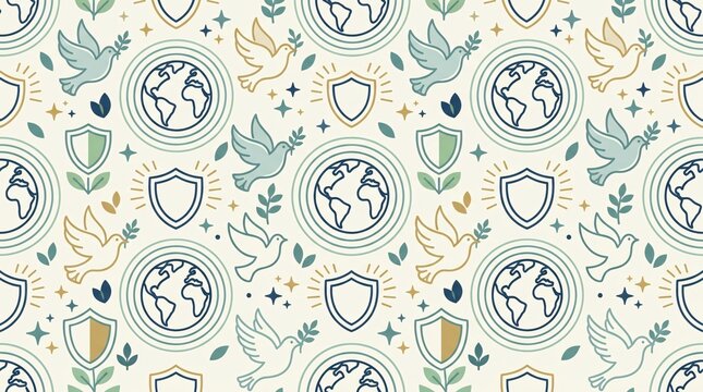 Seamless pattern featuring peace symbols globes doves protective shields representing global unity and environmental care