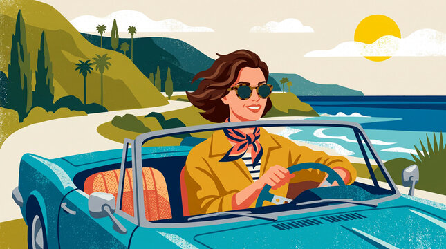 stylish woman driving a blue convertible along a scenic coastal road. Graphic poster style illustration