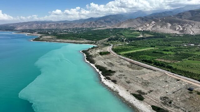 Aerial view of the turquoise waters of Issyk Kul lake, the scenic coastline, and surrounding green fields near Cholpon Ata, Issyk-Kul Region, Kyrgyzstan.