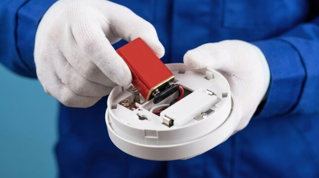 Technician replacing a 9V battery in a smoke detector for home fire safety maintenance.