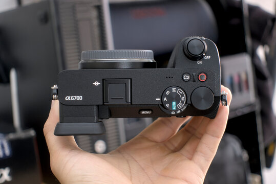 Zapopan Jalisco, Mexico - May15 2026: Top view of Sony Alpha 6700 camera controls, camera technology concept