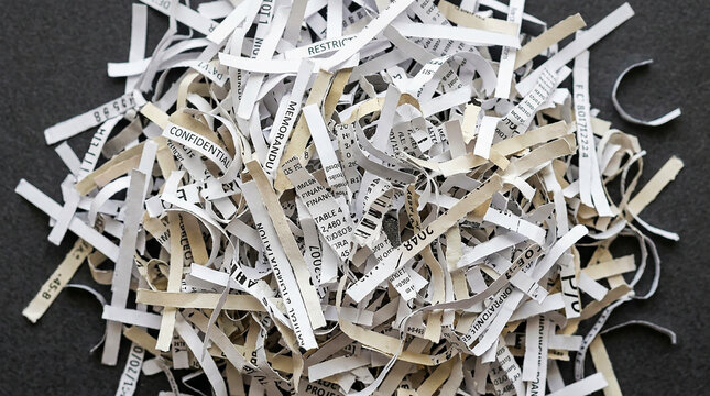 Shredded paper documents pile confidential information strips data privacy security document destruction corporate waste gdpr compliance sensitive financial records identity protection
