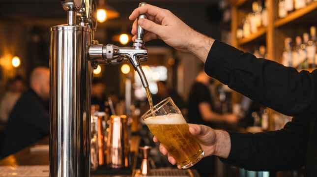 Bartender pouring fresh draft beer into a glass at a bar, representing beverage service, nightlife, hospitality, and social enjoyment.