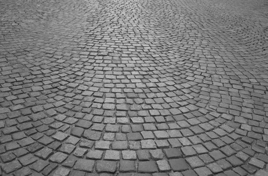 Old Stone Pavement Texture Background, Granite Cobblestone Road Pattern, Vintage Block Sidewalk old square cobble stone paving perspective background