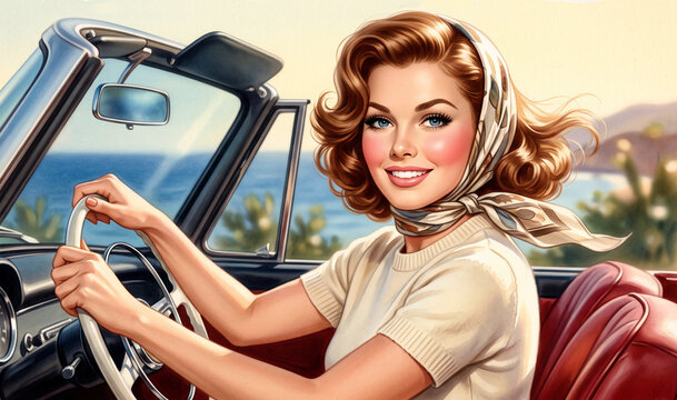 glamorous 1950s-style woman driving a classic red convertible wearing a chic headscarf, retro painting illustration