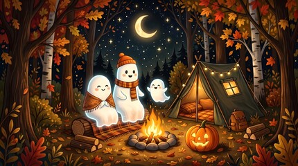 Fototapeta premium Charming fantasy scene of friendly ghosts enjoying outdoor adventure in enchanted fall forest setting