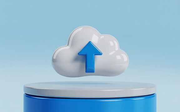3d cloud icon with upload arrow on a display stand illustration