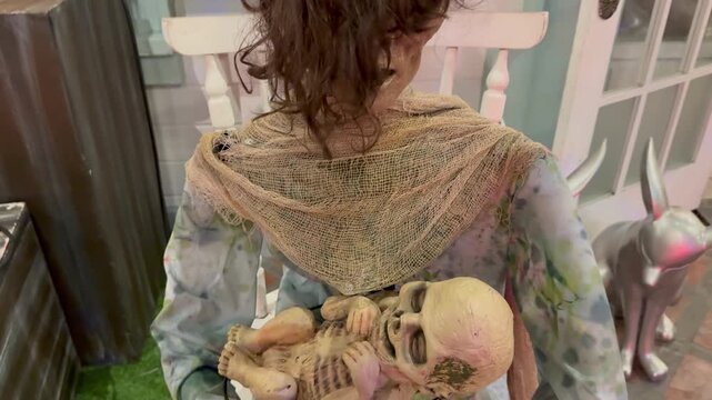 A spooky ghost mother rocking in a chair while holding a creepy baby in a Halloween display.
