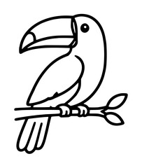 Naklejka premium Minimalist toucan bird vector icon illustration featuring a tropical bird with a large beak perched on a tree branch with leaves, perfect for coloring books, nature logos, and wildlife designs.