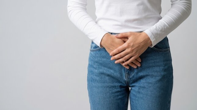 Woman holding her lower abdomen in pain or discomfort, suffering from pelvic health issues.