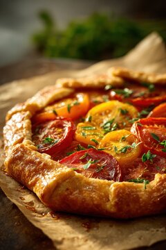 Tomato galette features vibrant tomatoes arranged on flaky pastry crust. Colors include red, yellow, and green with herbs for added freshness. Perfect for food lovers or culinary projects