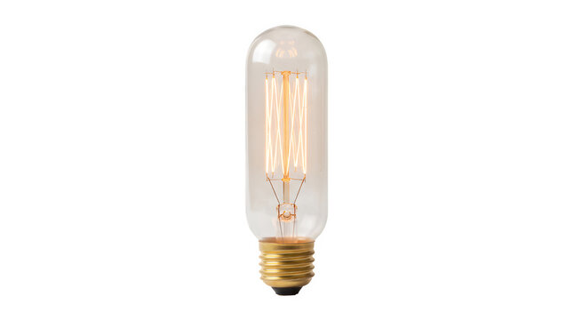 Vintage style tubular edison light bulb with glowing filament isolated on transparent background