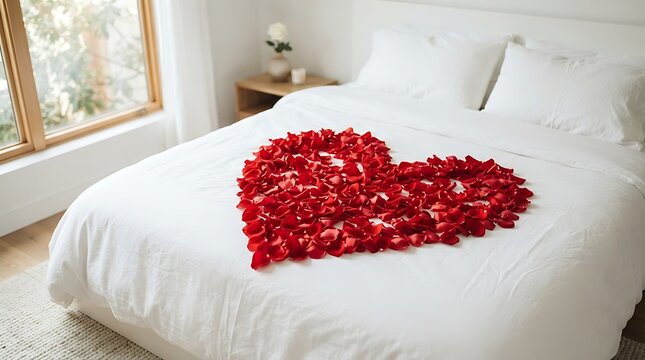 Romantic bedroom interior with red rose petals arranged in a heart shape on a white bed for Valentine's Day or anniversary celebration