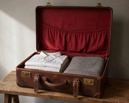 Open vintage leather suitcase with folded shirts and blanket, travel and nostalgia concept
