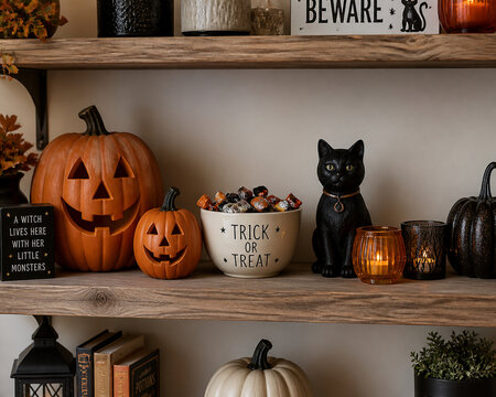 Seasonal shelf display with pumpkins, candy bowl, and cat figurine, autumn retail decor