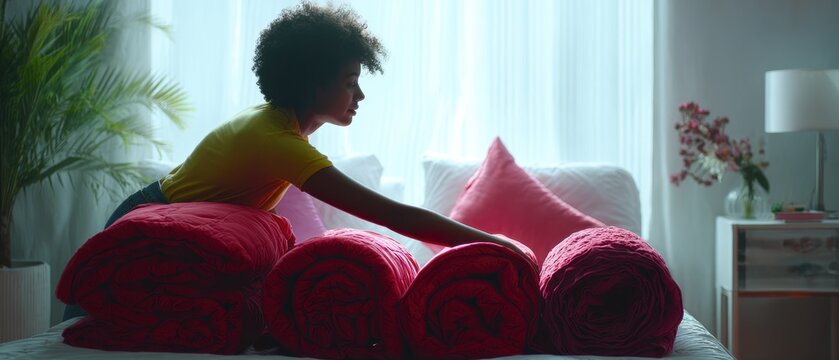 Woman arranging red blankets on bed. Soft light streams through window, creating warm and inviting atmosphere. Fresh decor includes pillows and plants
