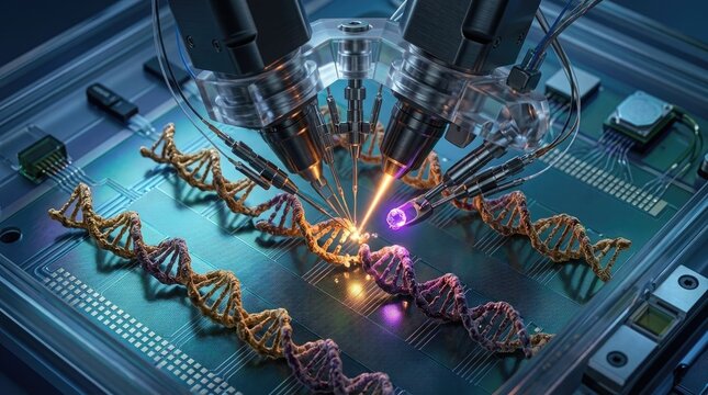 DNA strand demonstrates targeted genome editing, precisely manipulating molecular structure, facilitating CRISPR-Cas9 enzyme action, enabling genetic repair engineering.