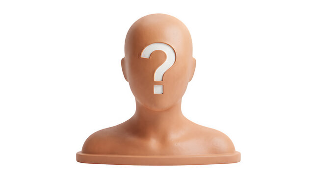 3d render of a faceless mannequin head with a question mark symbol isolated on transparent background