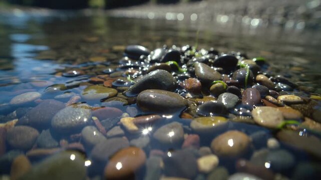 Moving camera revealing varied wet pebbles in shallow stream, showing algae, colors and sheens