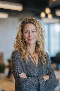 Woman with curly hair smiles confidently in modern office setting. Bright light illuminates her, creating warm atmosphere with blurred background elements