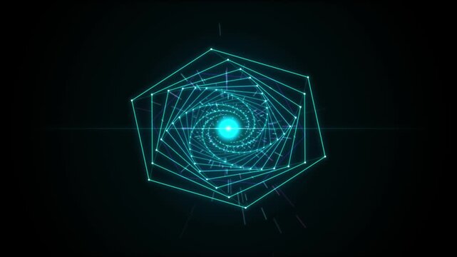 Abstract Glowing Polygon Tunnel with Spiraling Geometric Wireframe Lines and Futuristic Digital Motion Background
