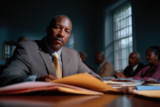 Business meeting features confident man in suit with files on table. Soft lighting highlights focused expressions of team members in background. Professional atmosphere enhances collaboration