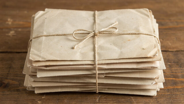 Stack of Vintage Paper Letters Tied with String on Rustic Wooden Table