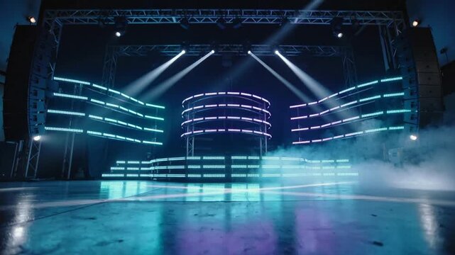 Cueing stage lighting rig creating cyan-magenta LED wash and fog in venue during pre-show test