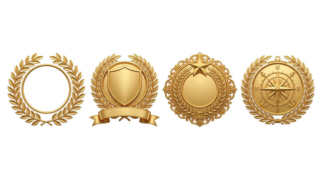 Golden laurel wreath emblems set, 4 metallic award badges with shield and compass, luxury trophy icons for victory and success