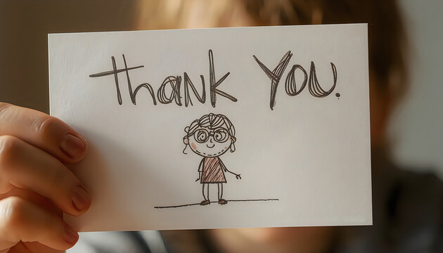 Hand holding thank you card with doodle drawing representing school appreciation day.