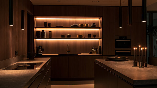 Contemporary kitchen featuring dark wood cabinetry, integrated appliances, and subtle LED strip lighting creating a warm, inviting ambiance