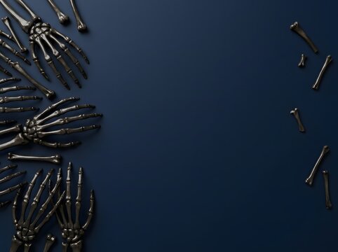 Top view of human skeleton hands arranged as a spooky halloween background with copy space for text