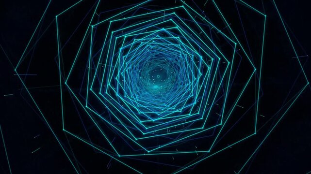 Abstract Rotating Blue Polygon Tunnel with Layered Wireframe Shapes and Futuristic Glowing Digital Perspective