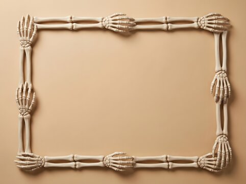 A rectangular frame made of plastic skeleton arms and hands forming a creative halloween background for text