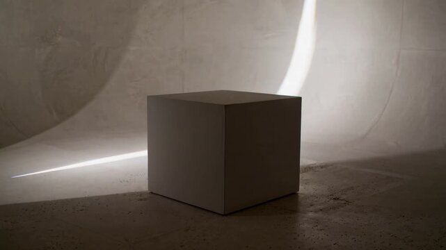 Sweeping narrow beam entering from left revealing white cube form on floor and curved backdrop