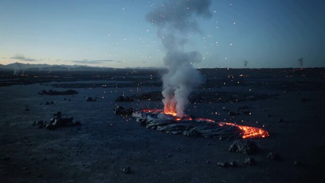 Pressure releasing, lava vent spraying embers and flow at dusk on barren plain, rope crust feeding