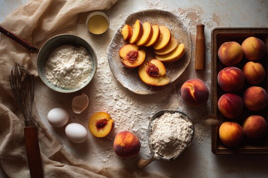 Peach ingredients showcase with sliced peaches, flour, and eggs on textured surface. Soft light highlights fresh produce and baking essentials for culinary creations