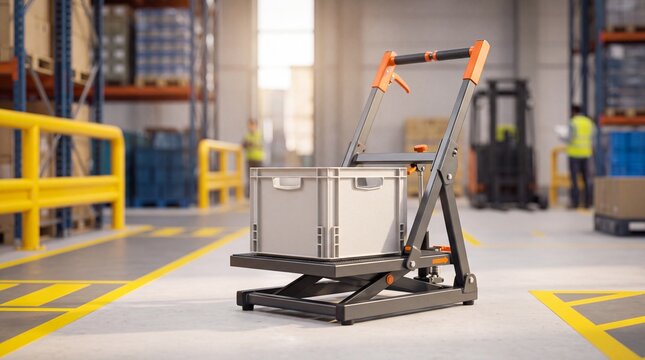 Grey storage container on manual lifting trolley in warehouse aisle with plastic container sits busy warehouse
