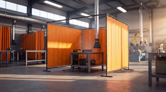 Welding station with orange protective curtains inside a large industrial workshop with metal work tables