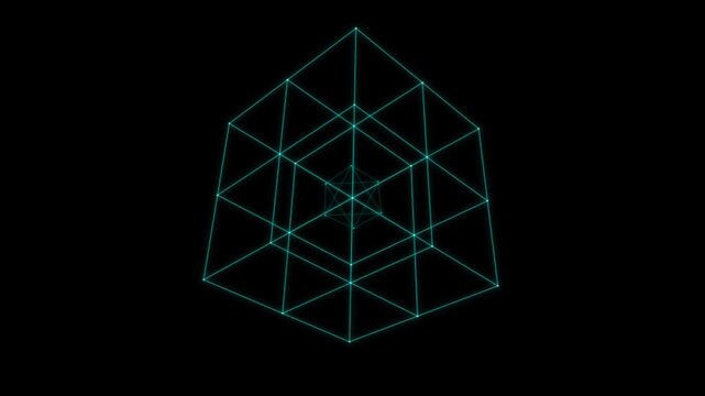Abstract Blue Wireframe Cube Structure with Connected Geometric Lines and Futuristic Digital Technology Motion