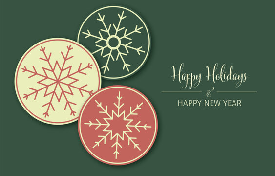 A set of three snowflakes on red, beige and green round background with the text Happy Holidays & Happy New Year