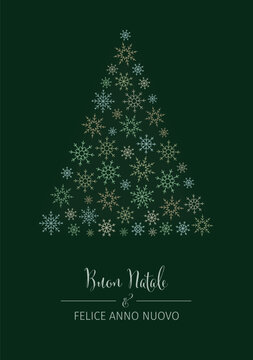 Festive Italian language "Buon Natale & Felice Anno Nuovo" (Merry Christmas & Happy New Year) postcard with different snowflakes forming a christmas tree on dark green background.