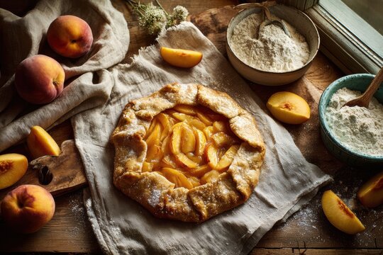 Peach galette showcases fresh peaches arranged in rustic pie on wooden table. Surrounding elements include flour, bowls, and ripe peaches with natural light highlighting details