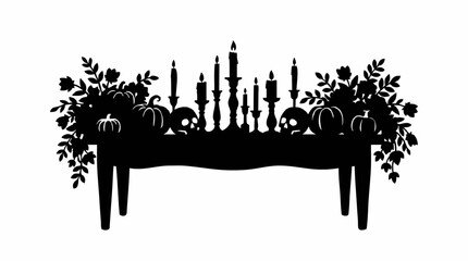 Fototapeta premium Spooky Halloween Tablescape Vector Illustration with Pumpkins, Candles, and Creepy Party Decorations